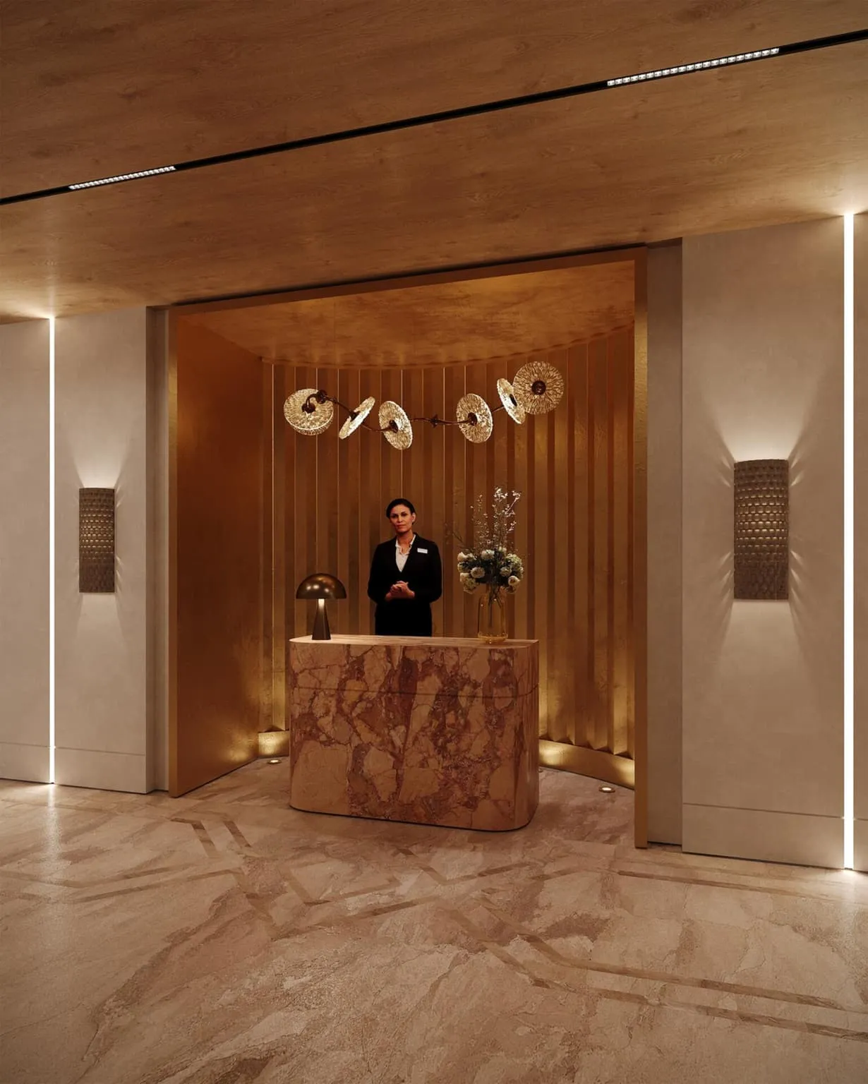 Concierge welcomes residents at the marble reception desk.
