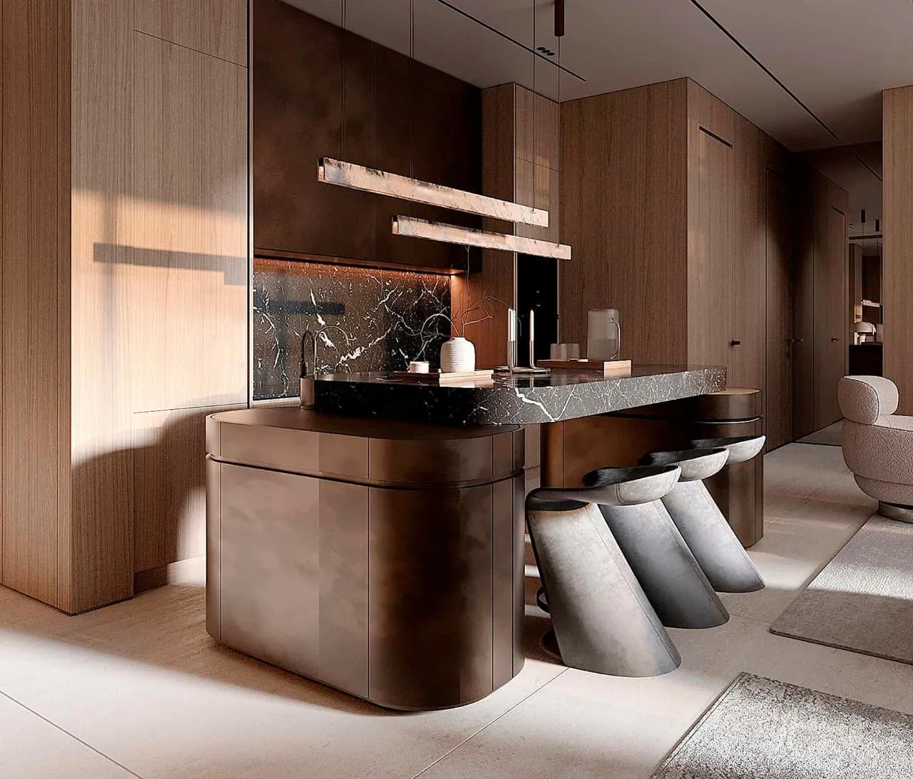 The reception desk in dark stone, stools along one side and panelled timber walls behind