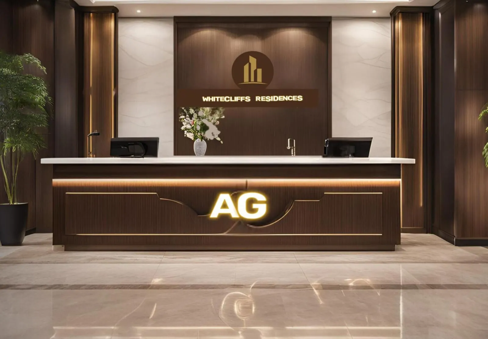 Building reception desk displaying the Whitecliffs Residences and Ag Properties signage