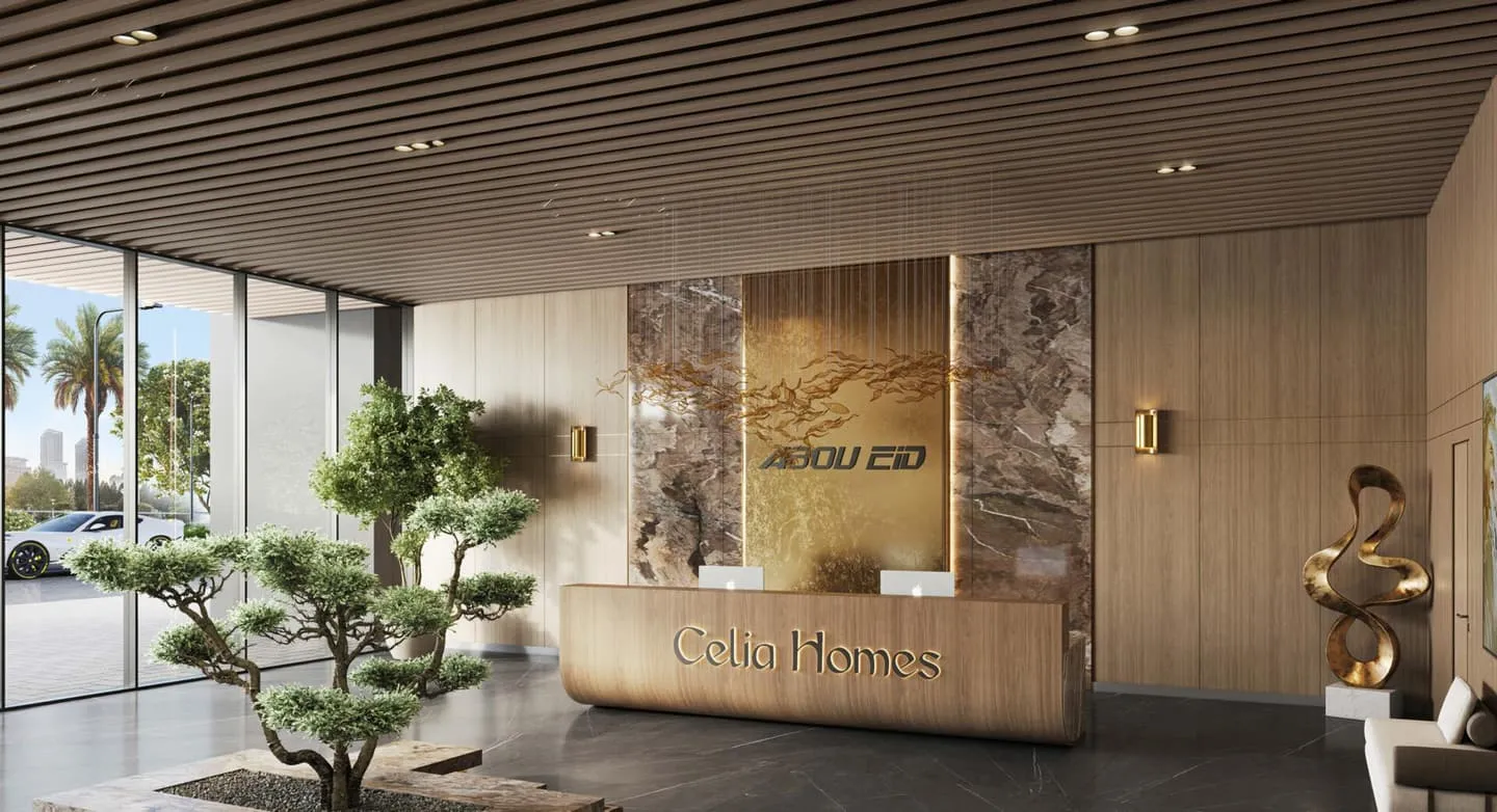 The entrance lobby, the project's name on a stone reception wall beneath a slatted timber ceiling