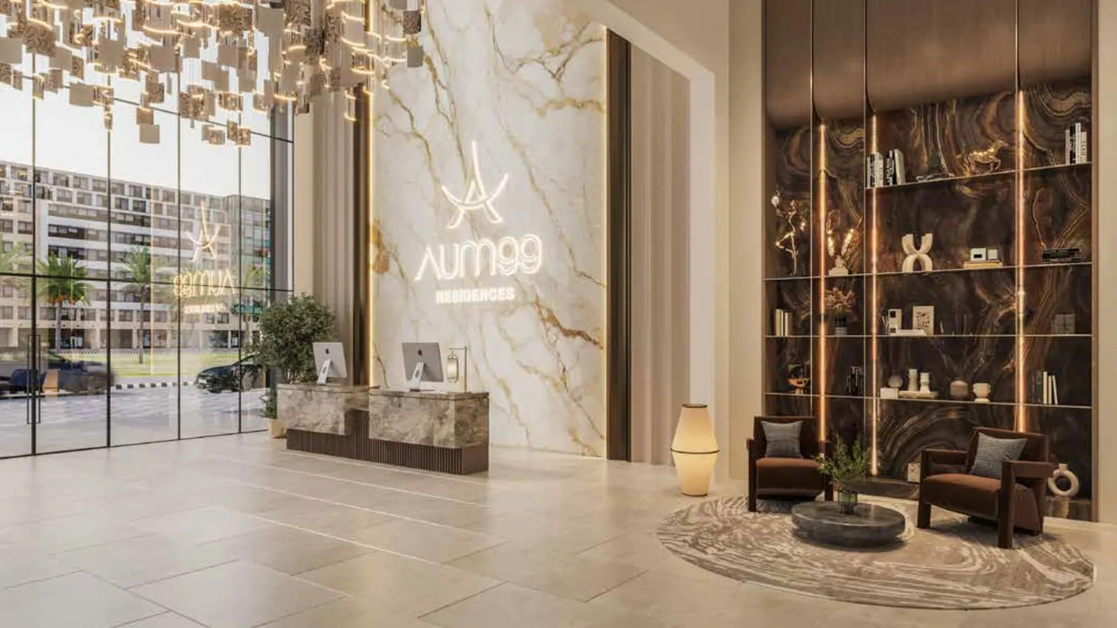 The reception lounge with the Aum 99 name set into a marble wall, armchairs and shelving beneath a cascading chandelier
