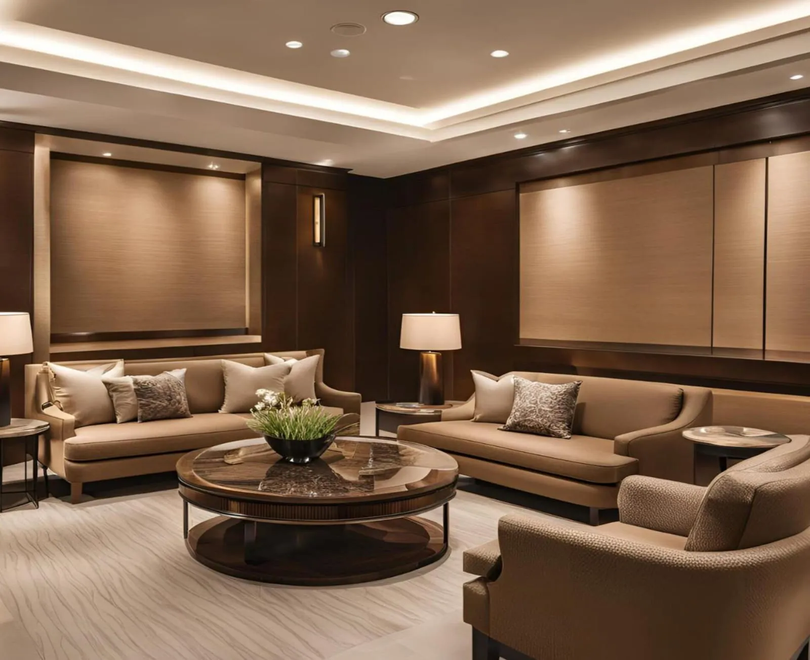 Resident lounge furnished with brown sofas around a round coffee table