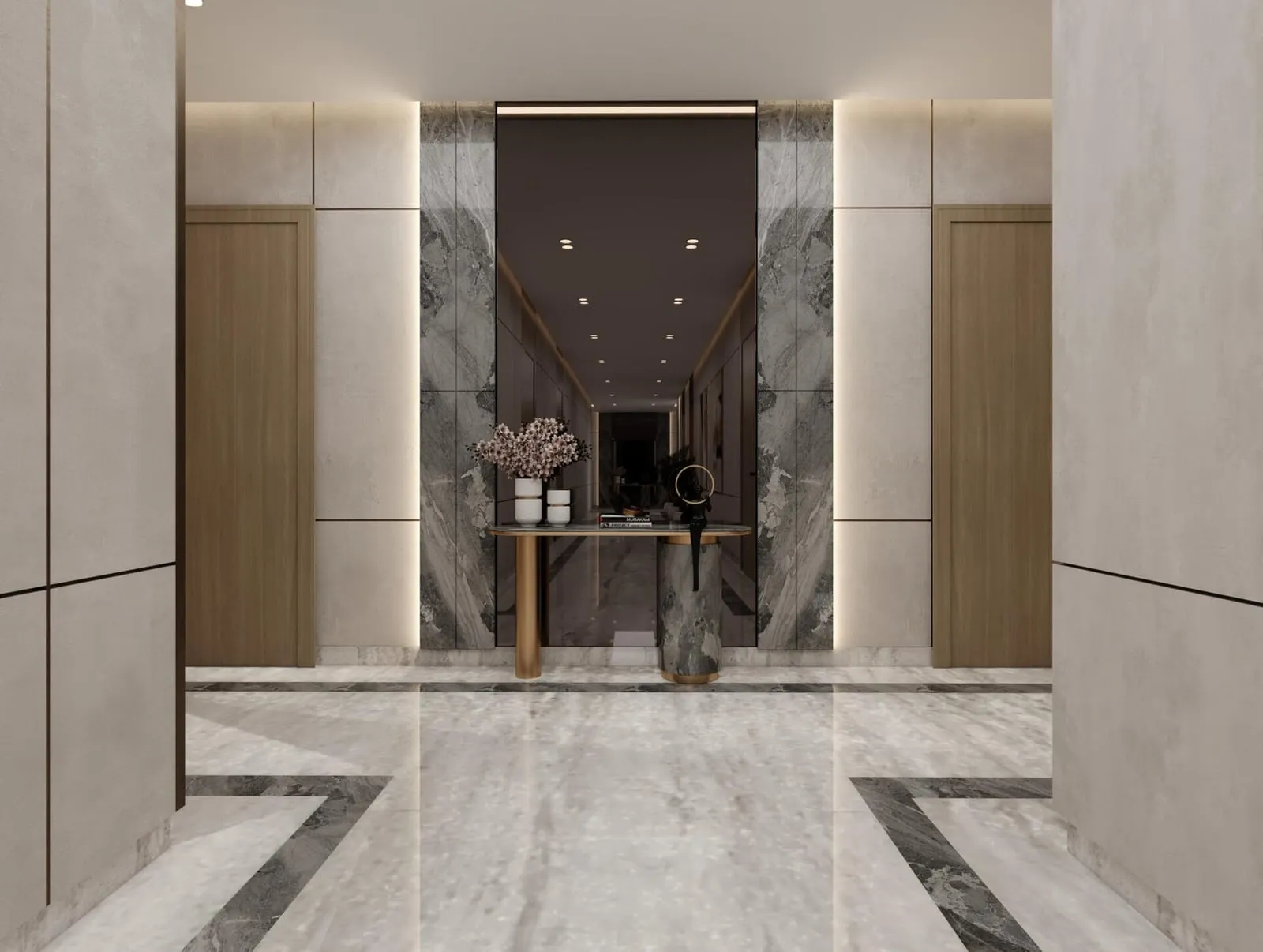 Residential corridor finished in marble with warm ambient lighting