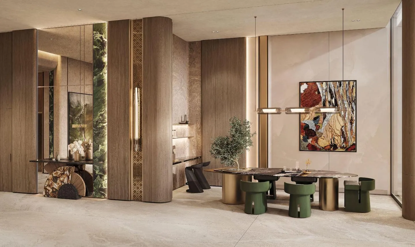 A residents' lounge with a marble pillar, a painting, and seating set beside it