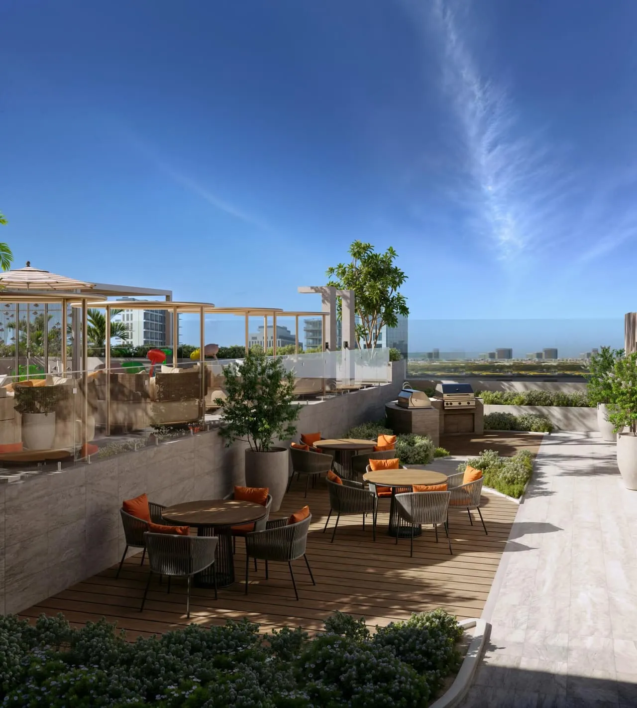 A roof terrace in daylight, seating groups between planters along a parapet with the sky open above