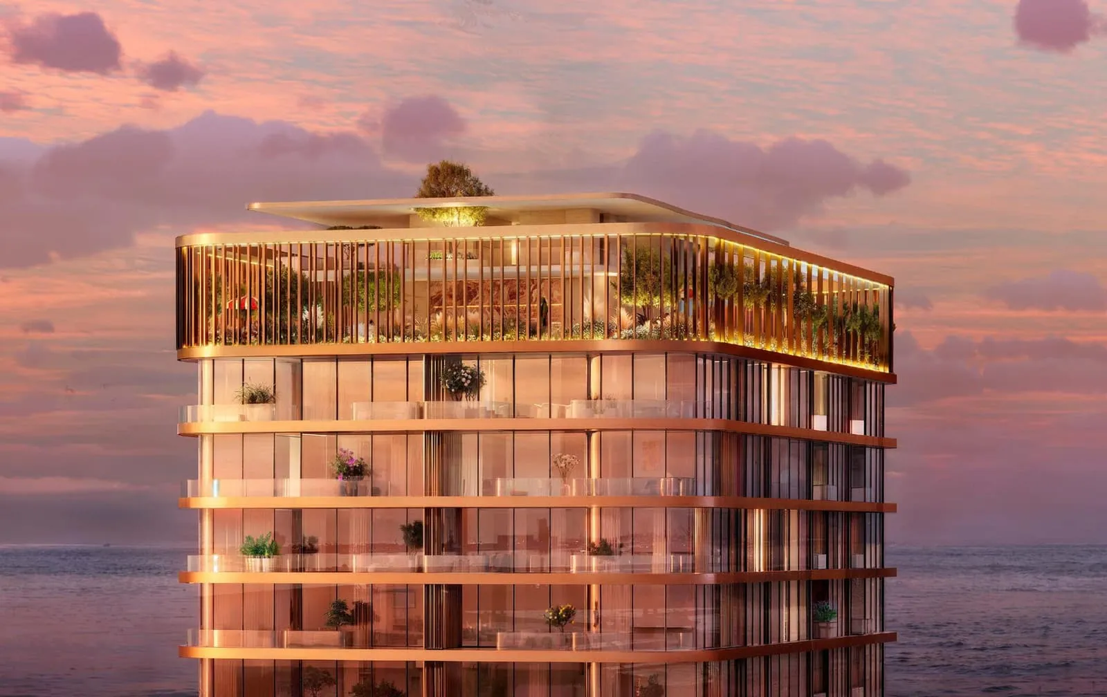 The crowning storey at sunset, a planted roof terrace behind bronze fins above the water