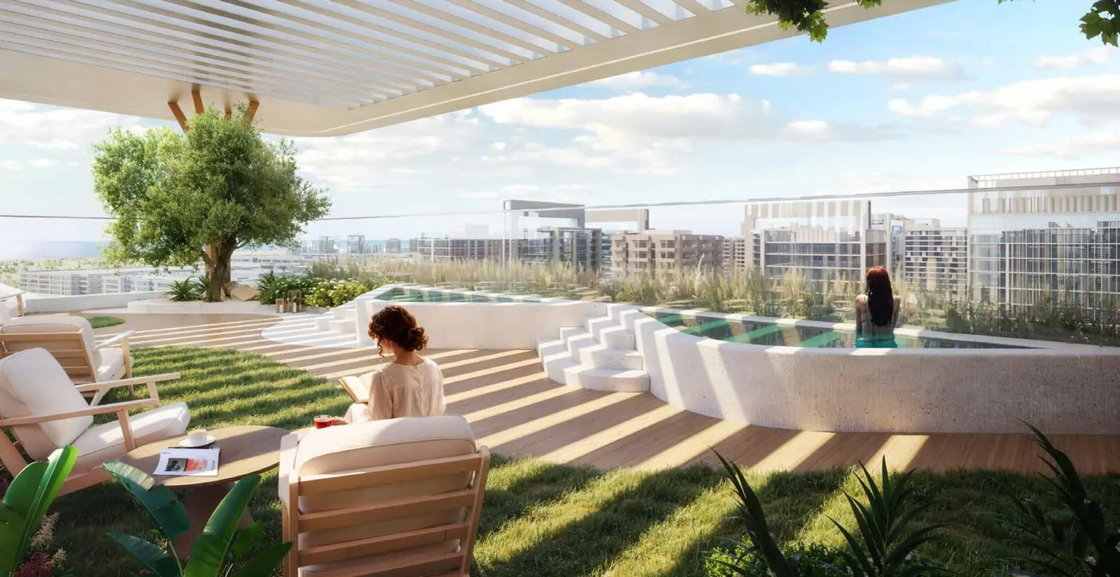 A rooftop lawn stepped in terraces, a woman reading on the grass under a young tree with the city beyond