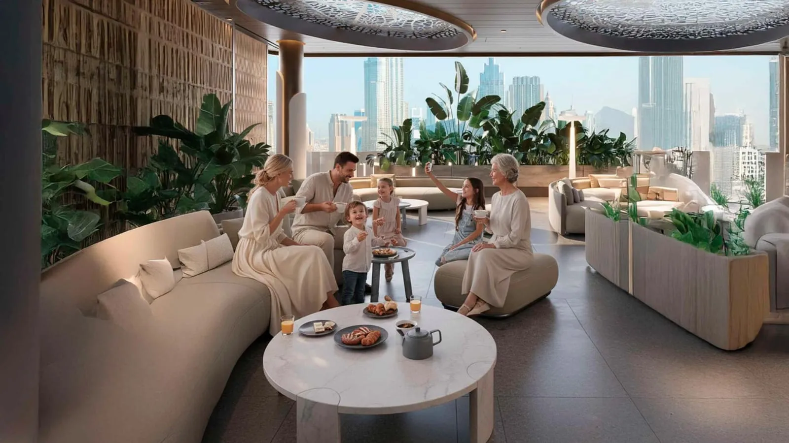 Residents around a low table on the rooftop, planting on both sides and the skyline behind
