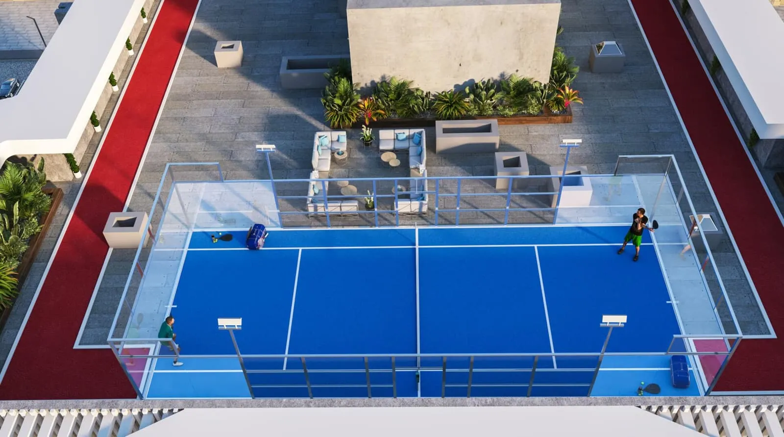 Aerial view of the rooftop padel court amenity