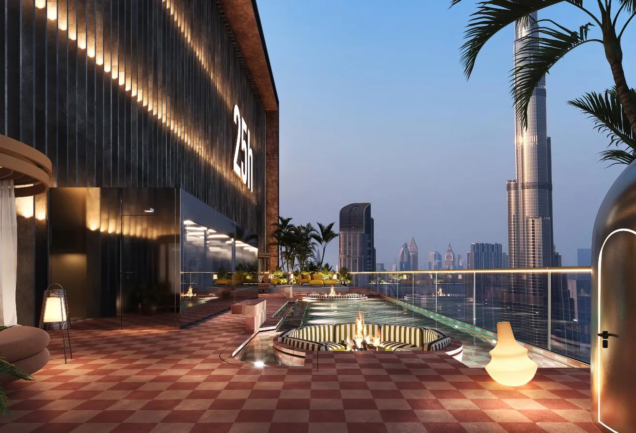 Render of a rooftop pool terrace beside a wall marked 25h, with the Burj Khalifa beyond