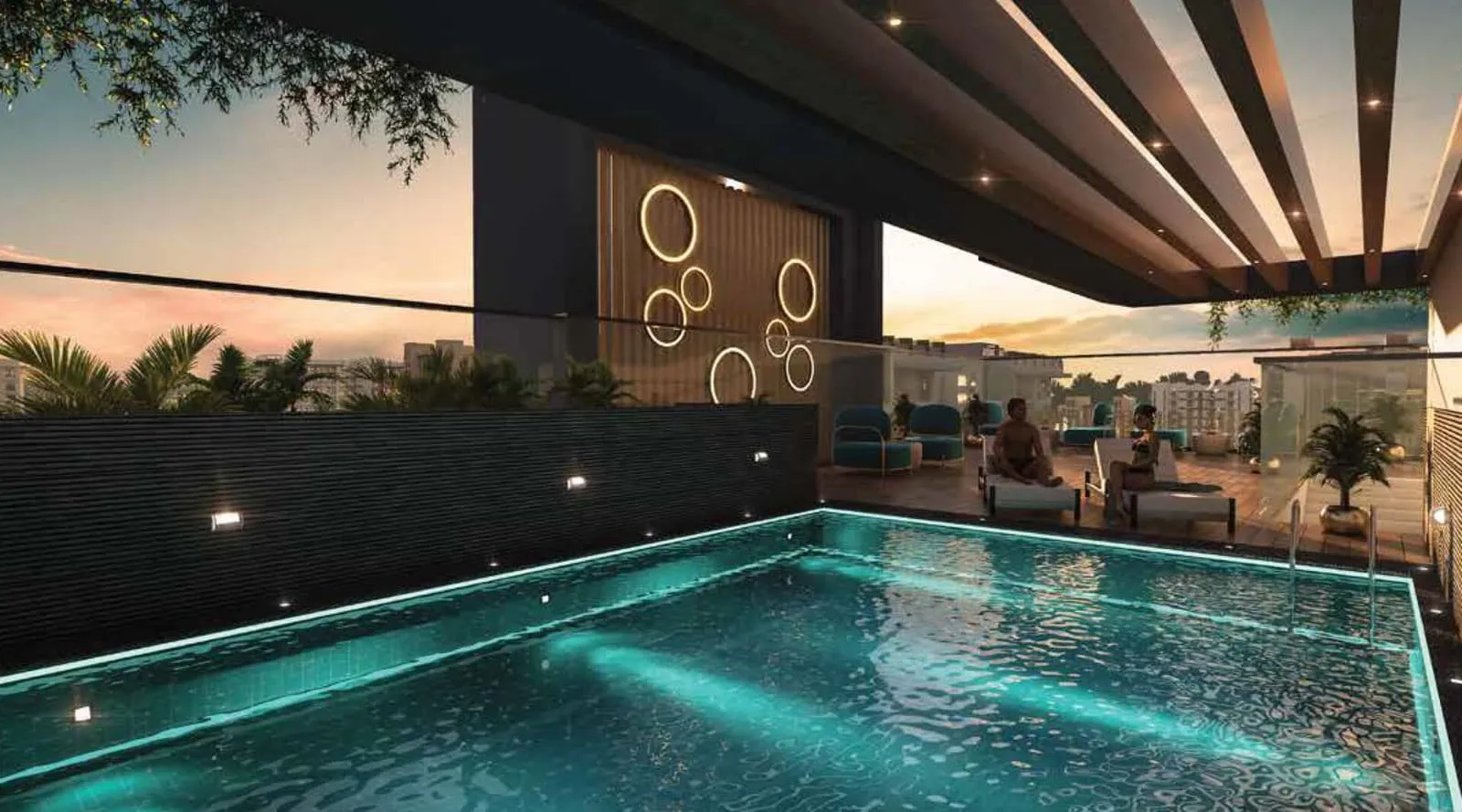 The rooftop pool lit turquoise at dusk, a timber-slatted ceiling above the adjoining lounge
