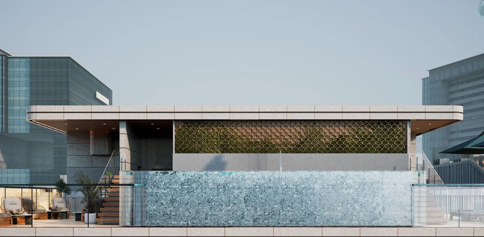 An exterior view of the building's rooftop swimming pool deck
