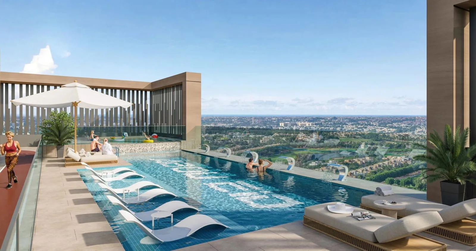 The rooftop pool in daylight, in-water loungers and a shaded daybed above a wide view over the district