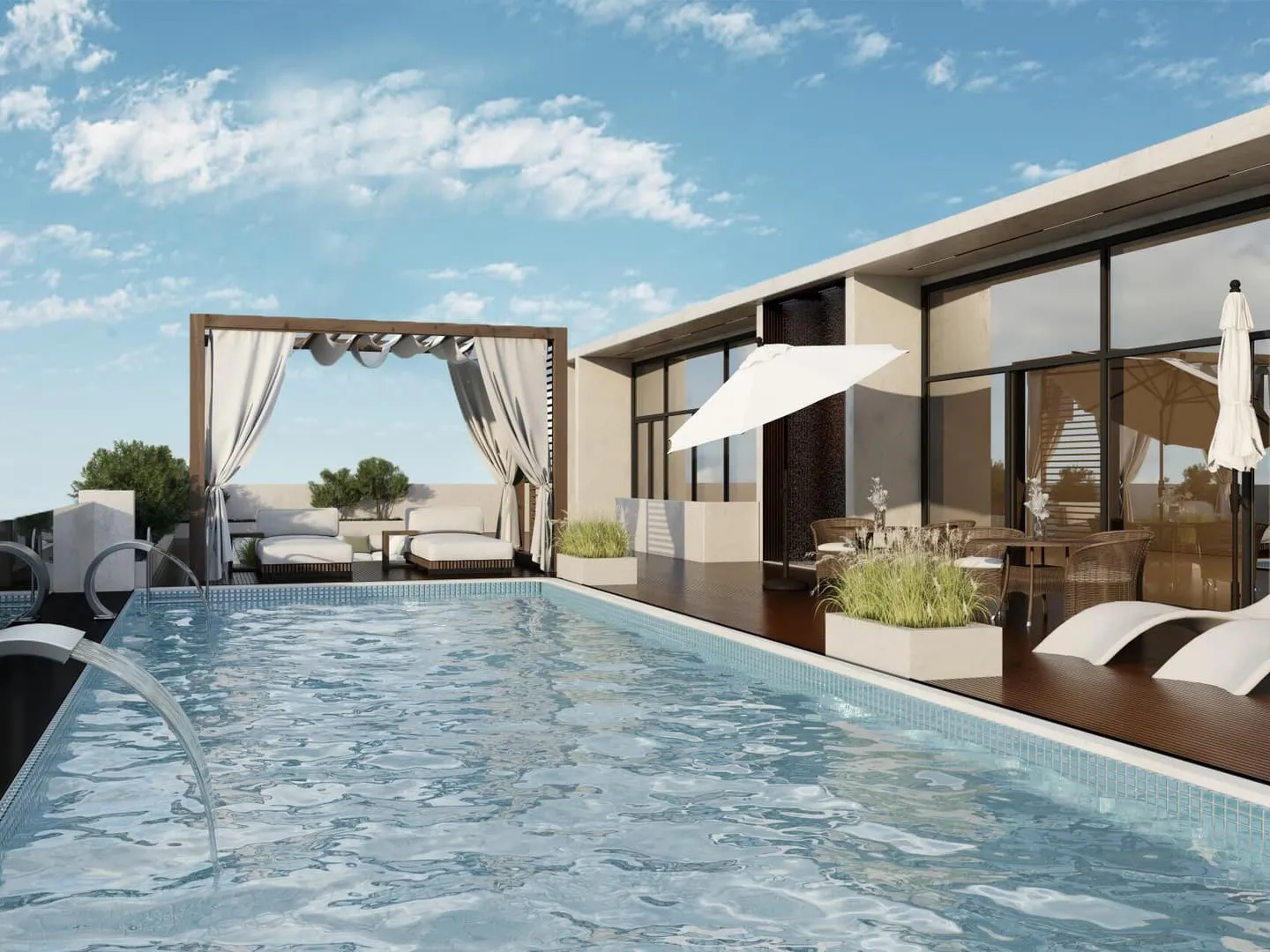 Rooftop swimming pool framed by loungers and a shaded pergola
