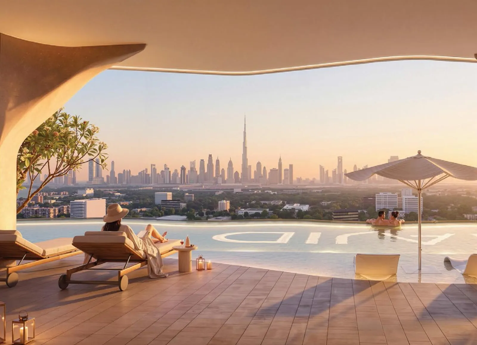 The rooftop infinity pool at sunset, sun loungers on the timber deck under a curved canopy