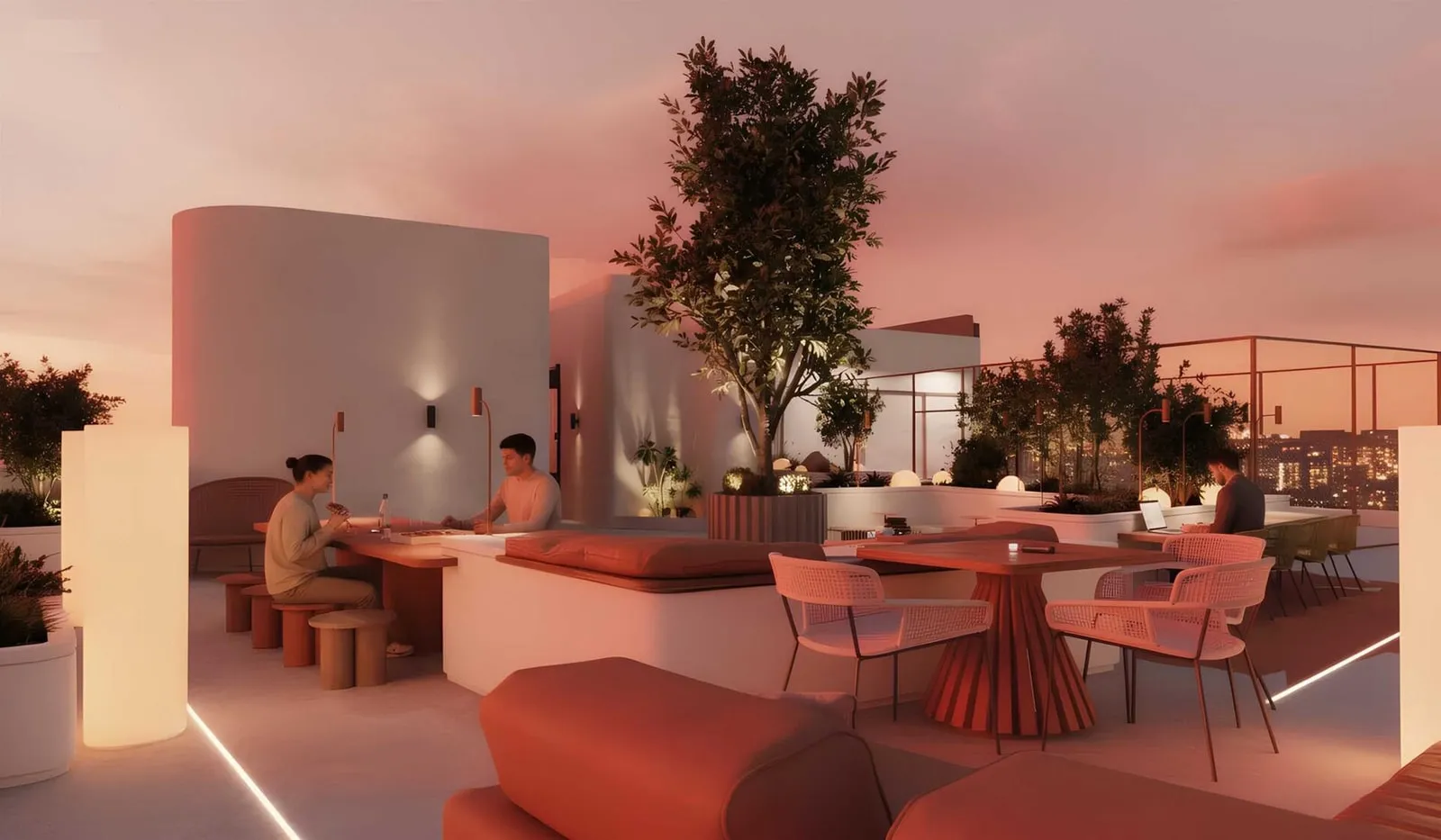 A terrace at dusk, coral banquettes and cafe tables among planters with the city beyond