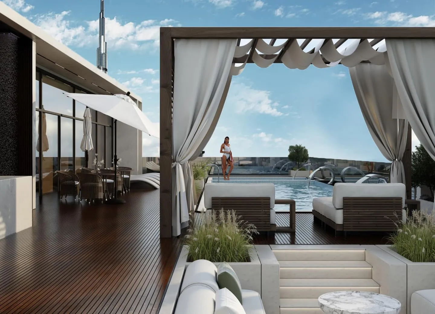 Rooftop terrace lounge with a shaded pergola and outdoor seating