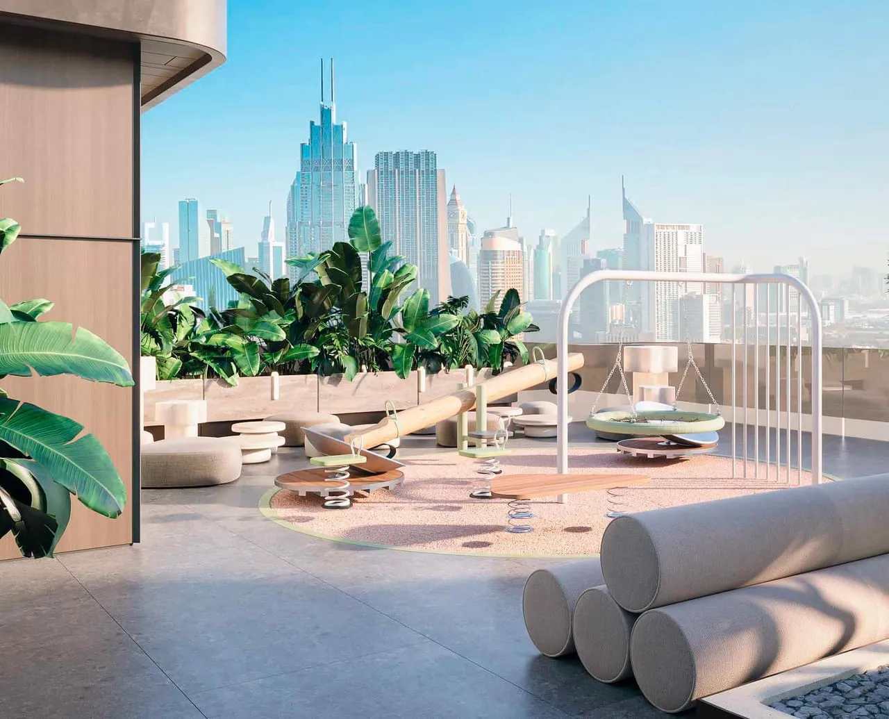 A rooftop terrace at midday, loungers and planting with Burj Khalifa on the horizon