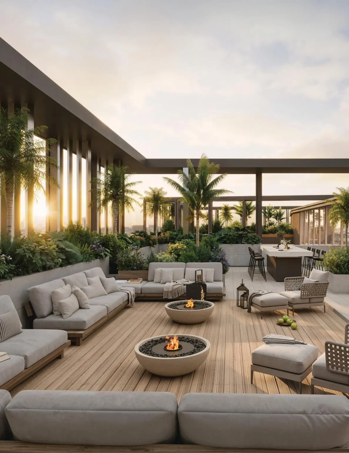 The roof terrace at sunset, two fire bowls on the timber deck and a counter with stools beyond the planting