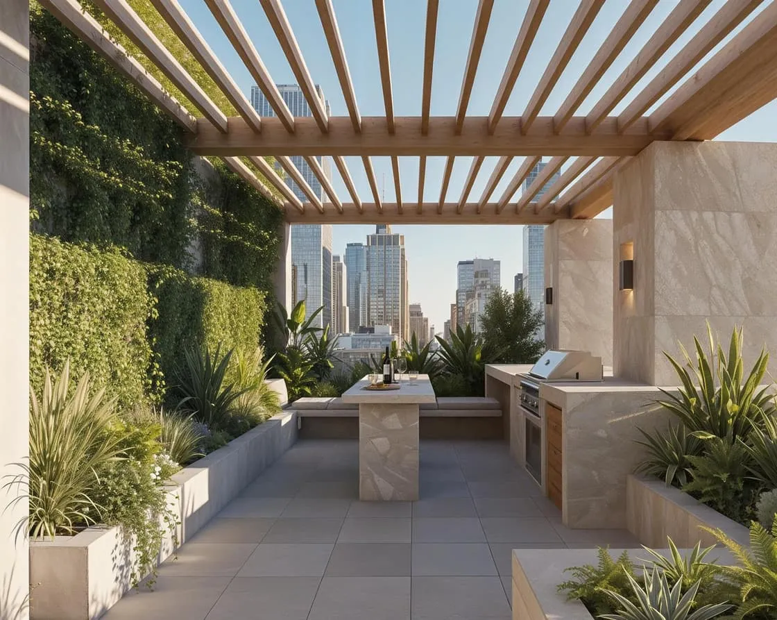 A rooftop terrace with a timber pergola, greenery and an outdoor kitchen counter