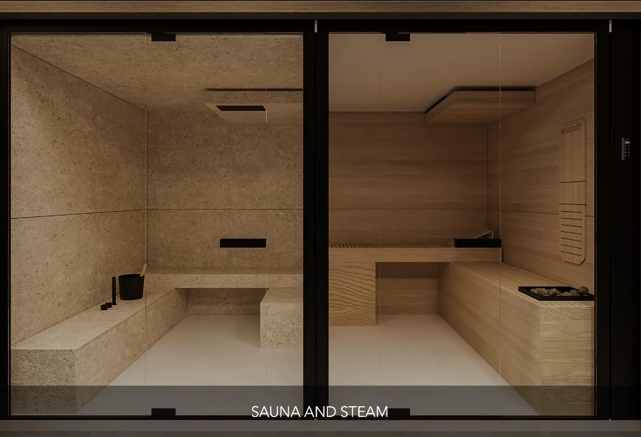 Render of the sauna and steam rooms side by side, with wooden benches
