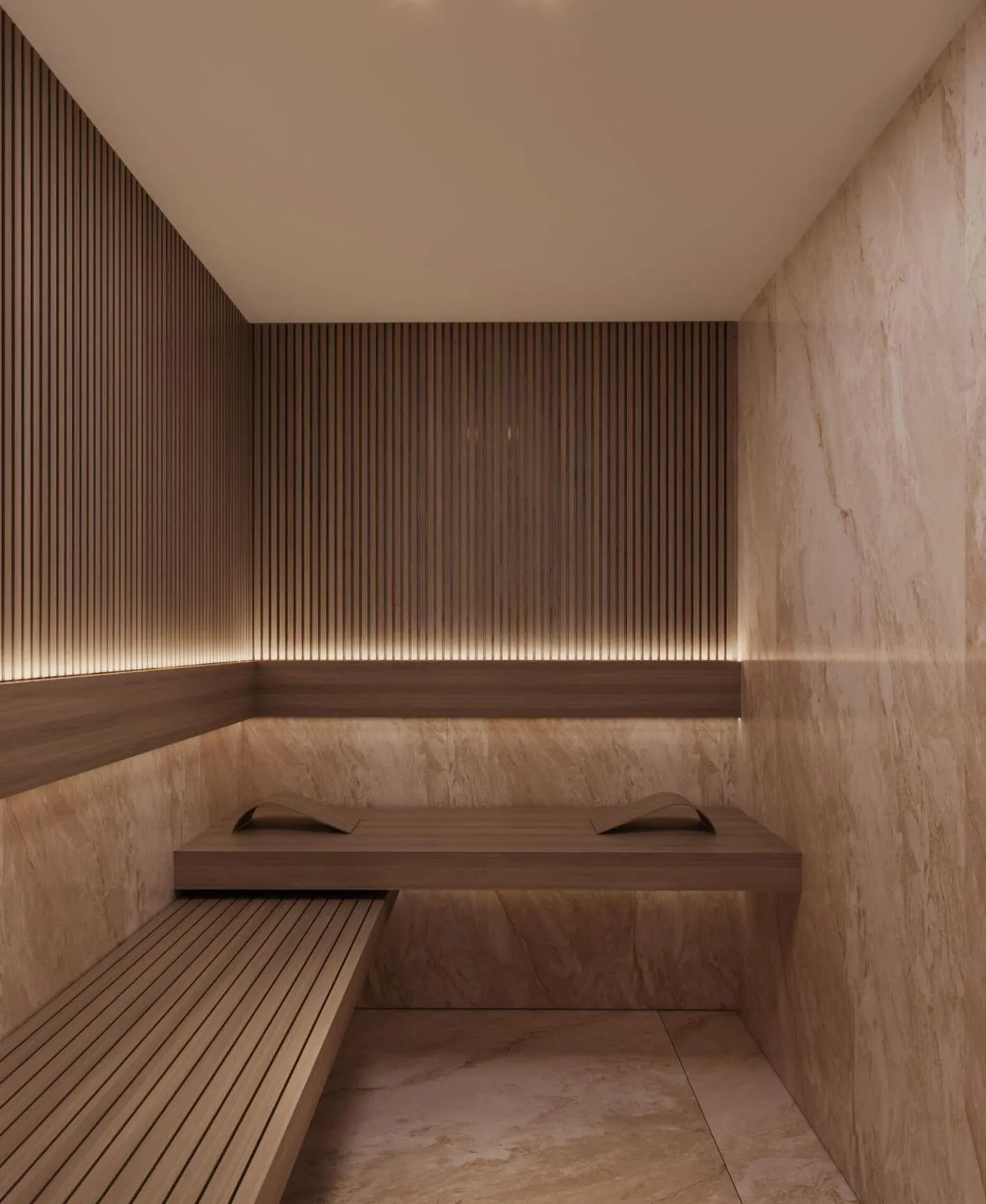 The sauna, wood benches lining two walls of a small panelled room