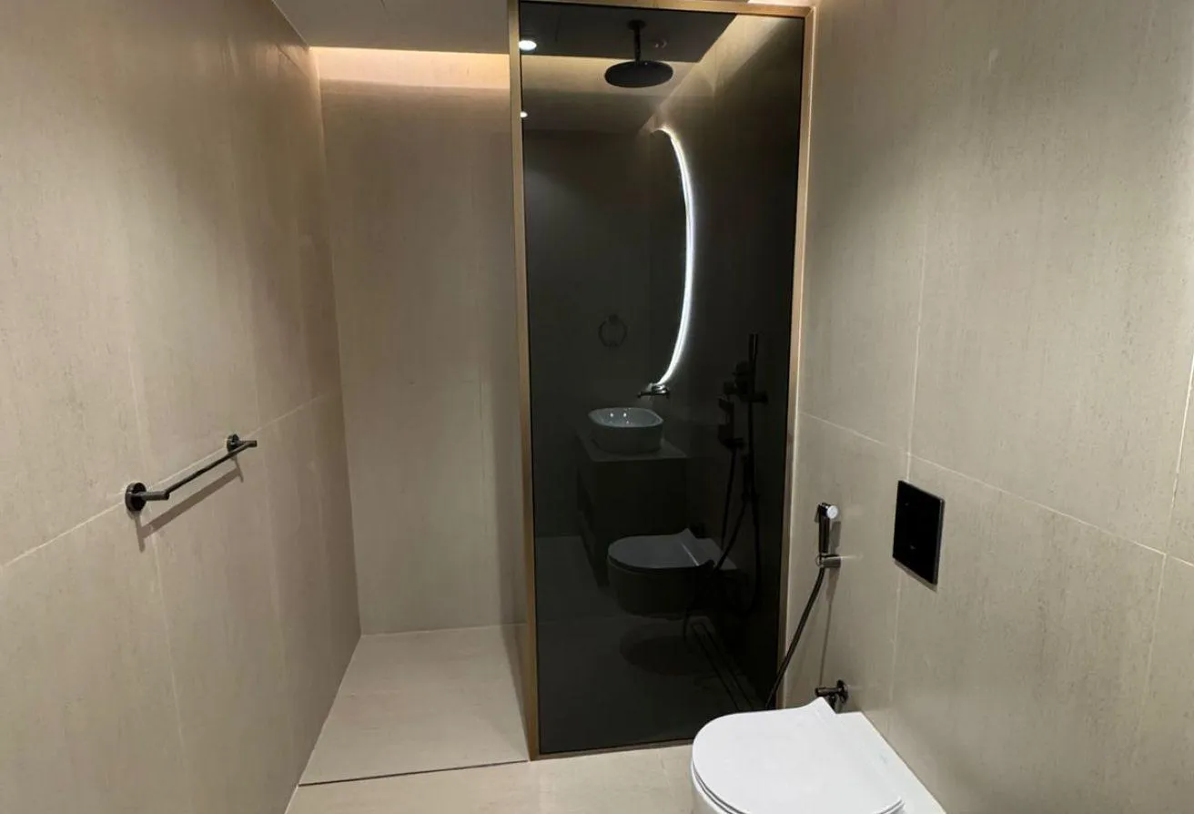 Photo of the bathroom's shower behind dark glass, beside a wall-hung toilet