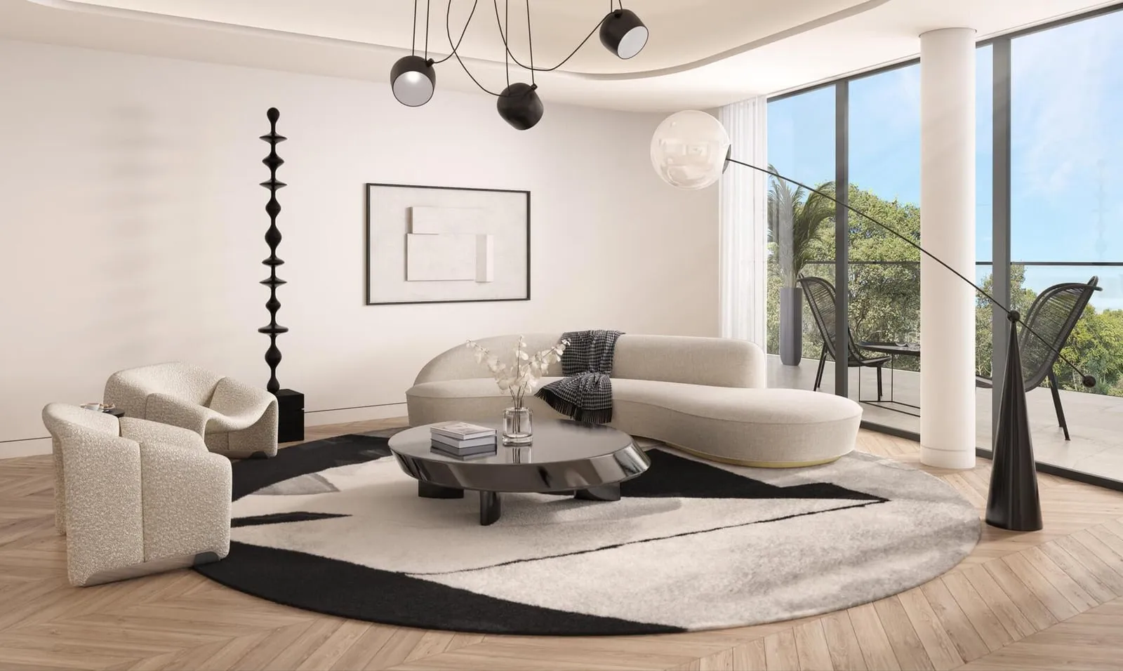 A Karl Lagerfeld sitting room with a curved sofa on a round rug, glass floor to ceiling