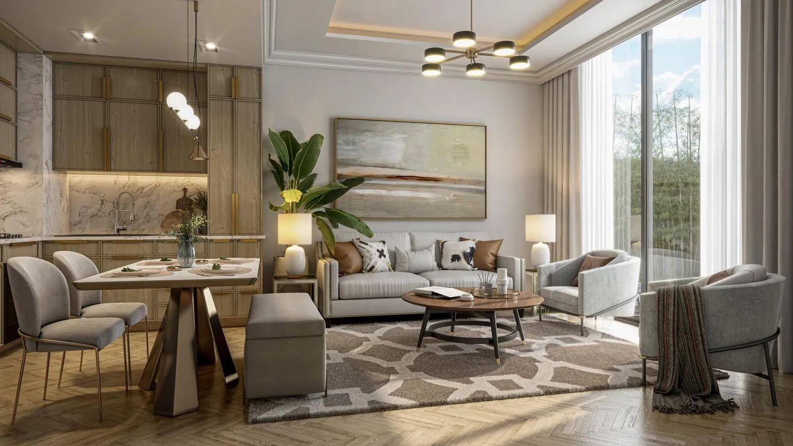 A Taormina Village sitting room with a round dining table, armchairs and house plants