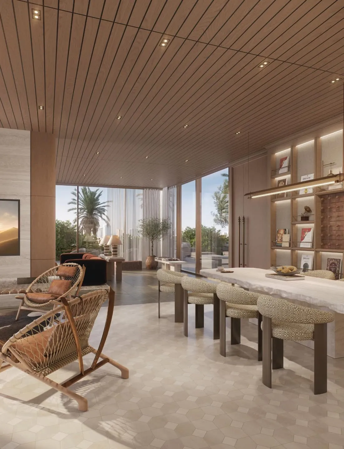 A lounge under a slatted timber ceiling, a long counter with stools and sliding glass onto the terrace