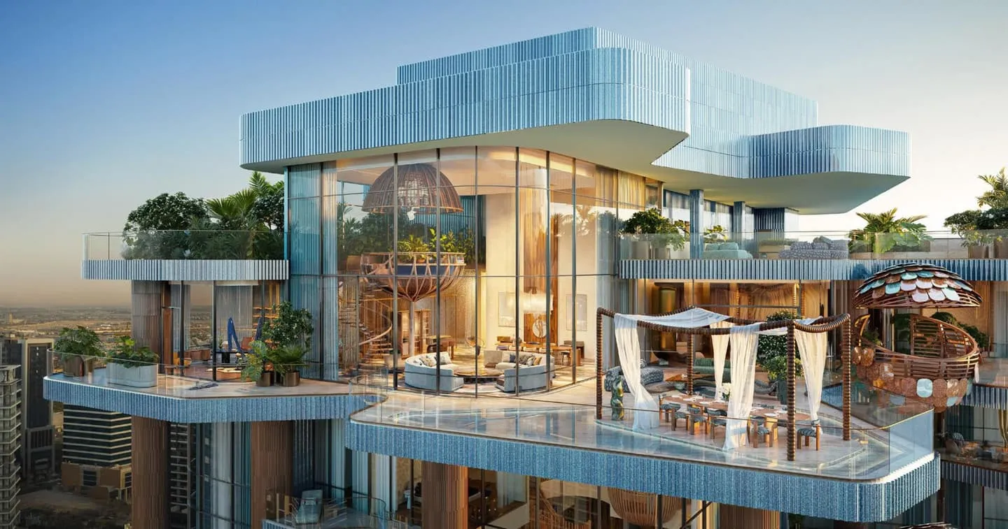 One of the upper residences from outside, a glass-walled pool projecting from a planted terrace over the city