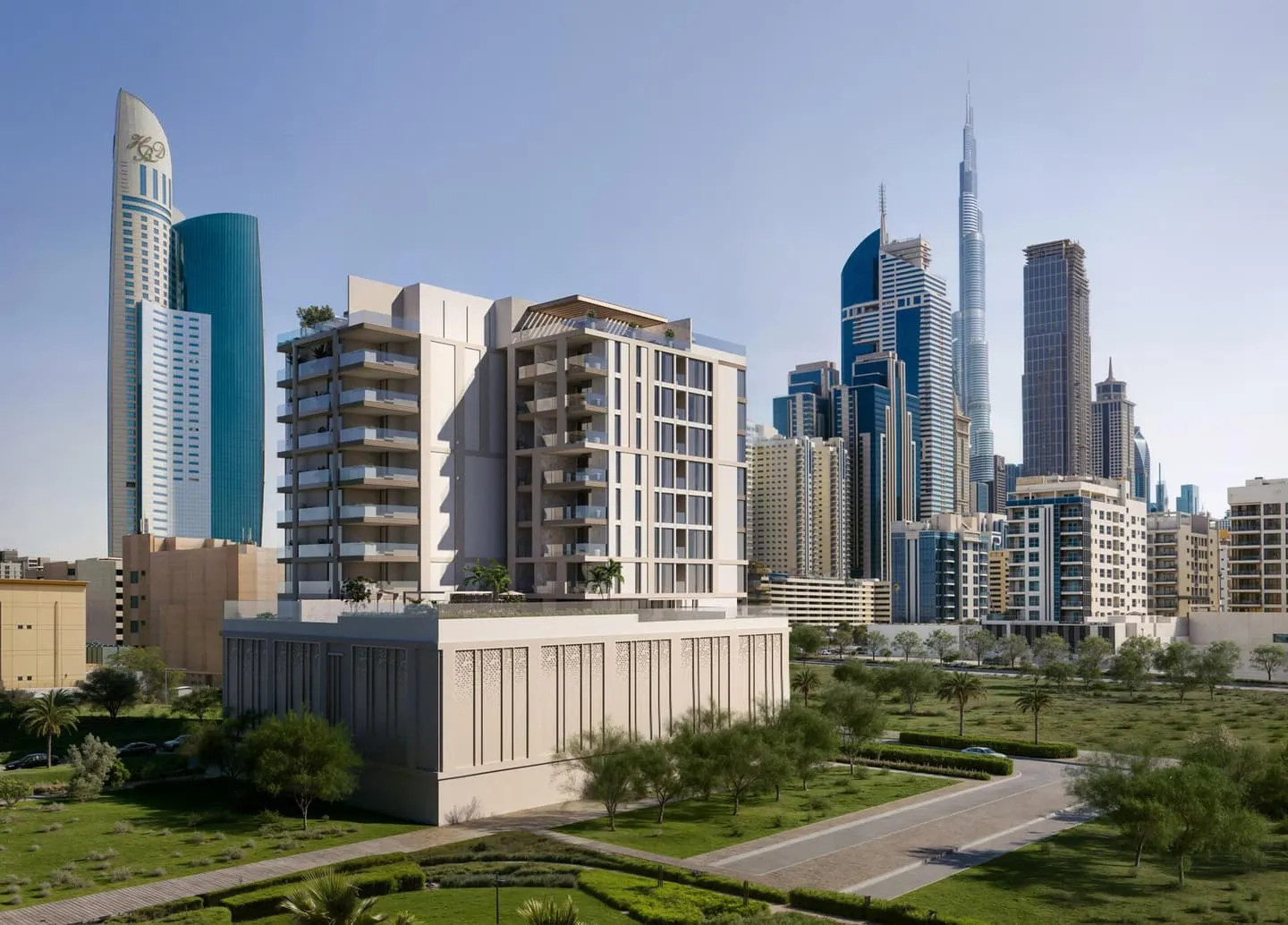 The building seen from a distance with Downtown Dubai behind it, Burj Khalifa and the Sheikh Zayed Road towers on the horizon