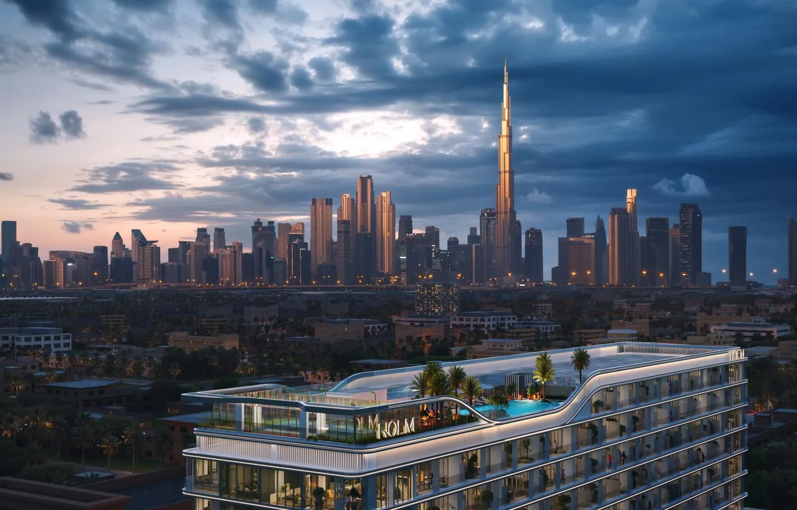 Linea by Holm silhouetted against the Dubai skyline at night.