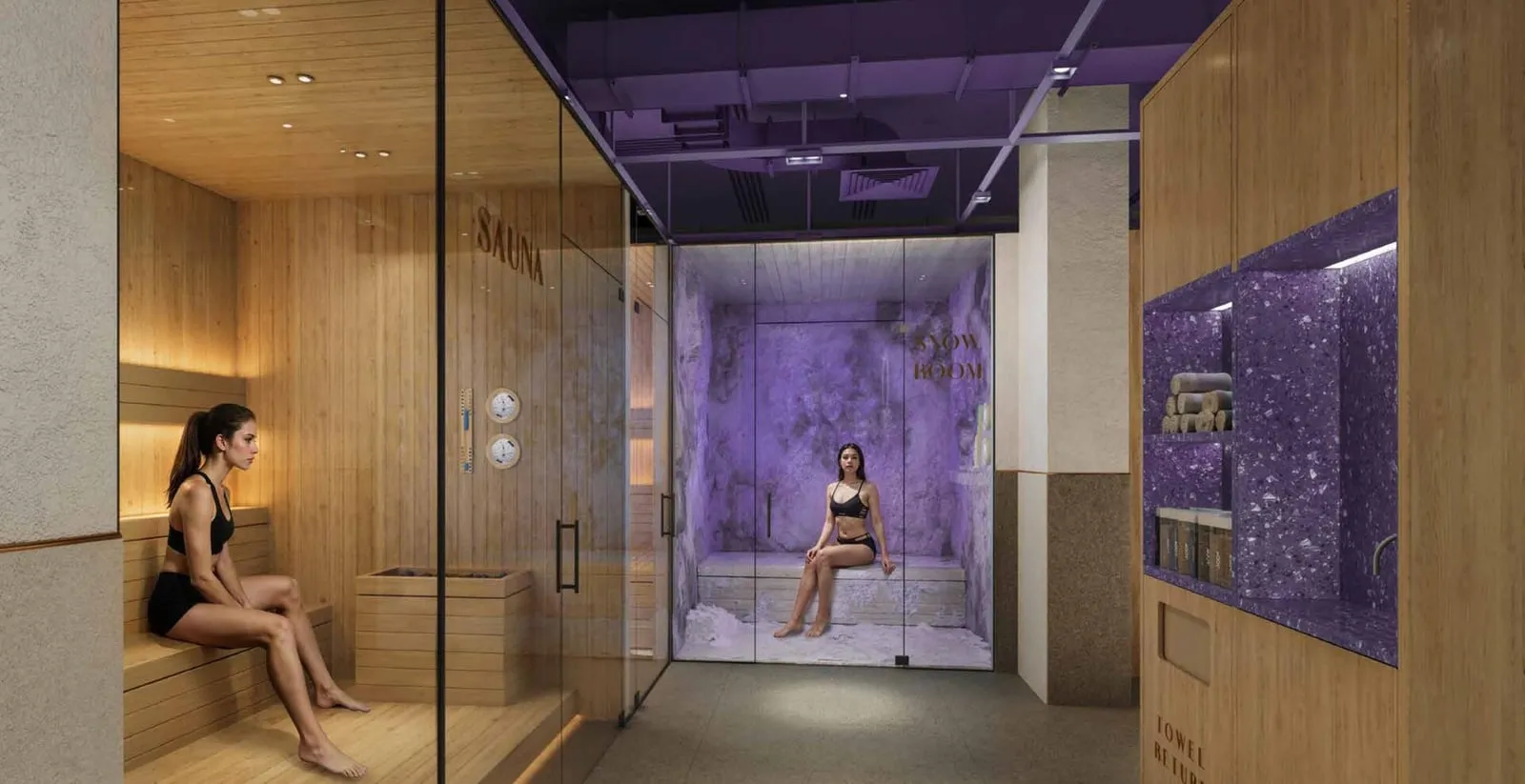 The spa, a woman on the sauna bench beside a glass-walled snow room lit violet
