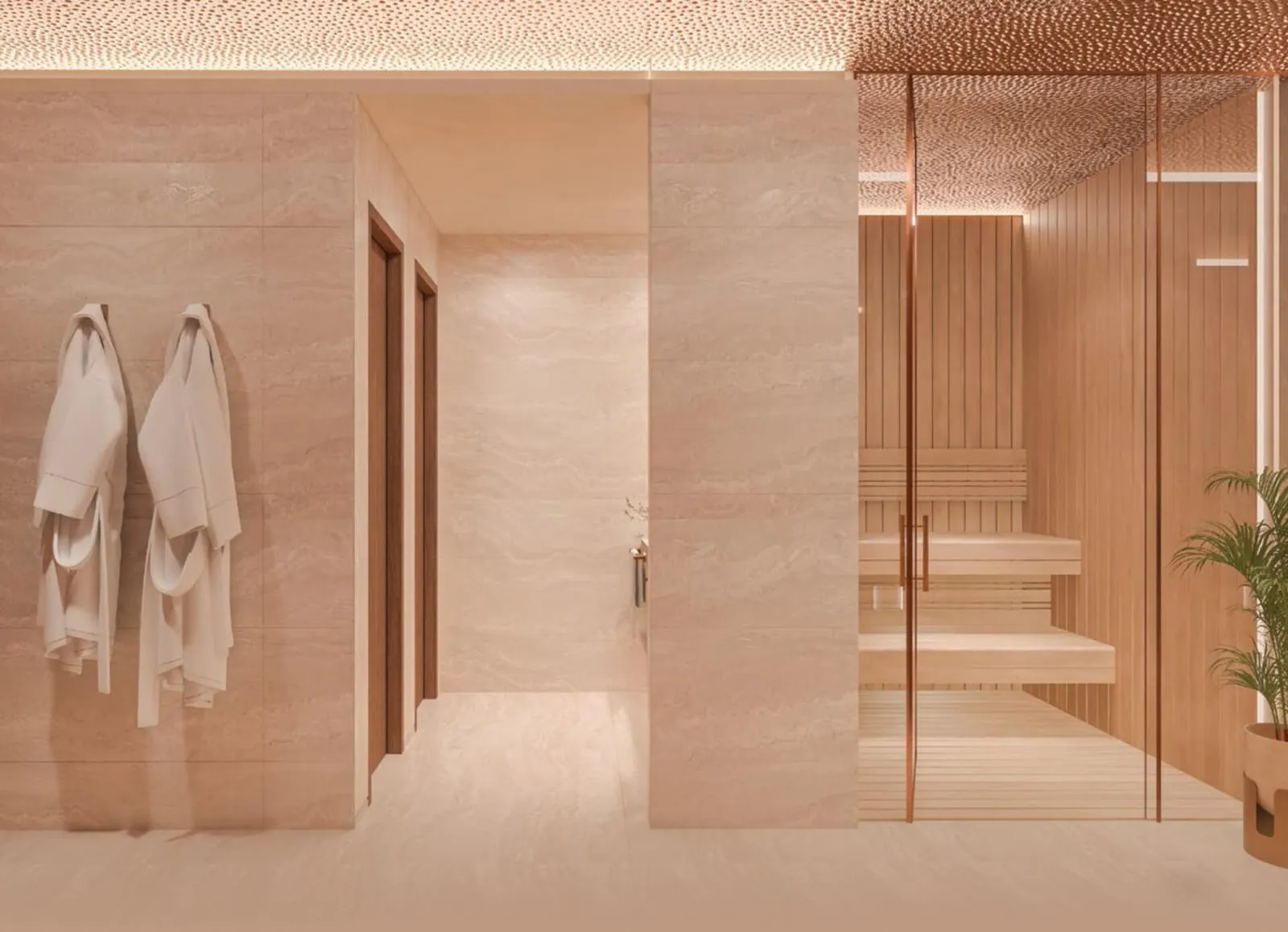 A spa corridor in warm stone, robes hanging on the wall and a timber sauna behind glass