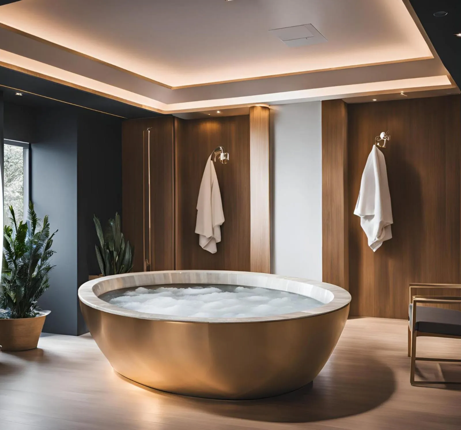 Spa room with a freestanding soaking tub and warm wood paneling