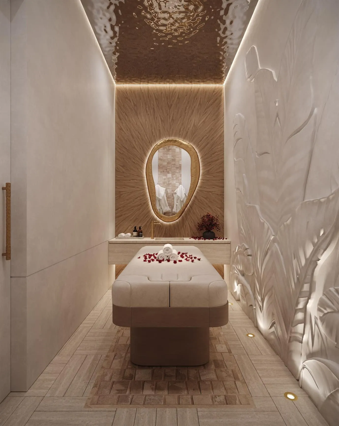 Spa treatment room with a sculptural wall panel above the massage table.