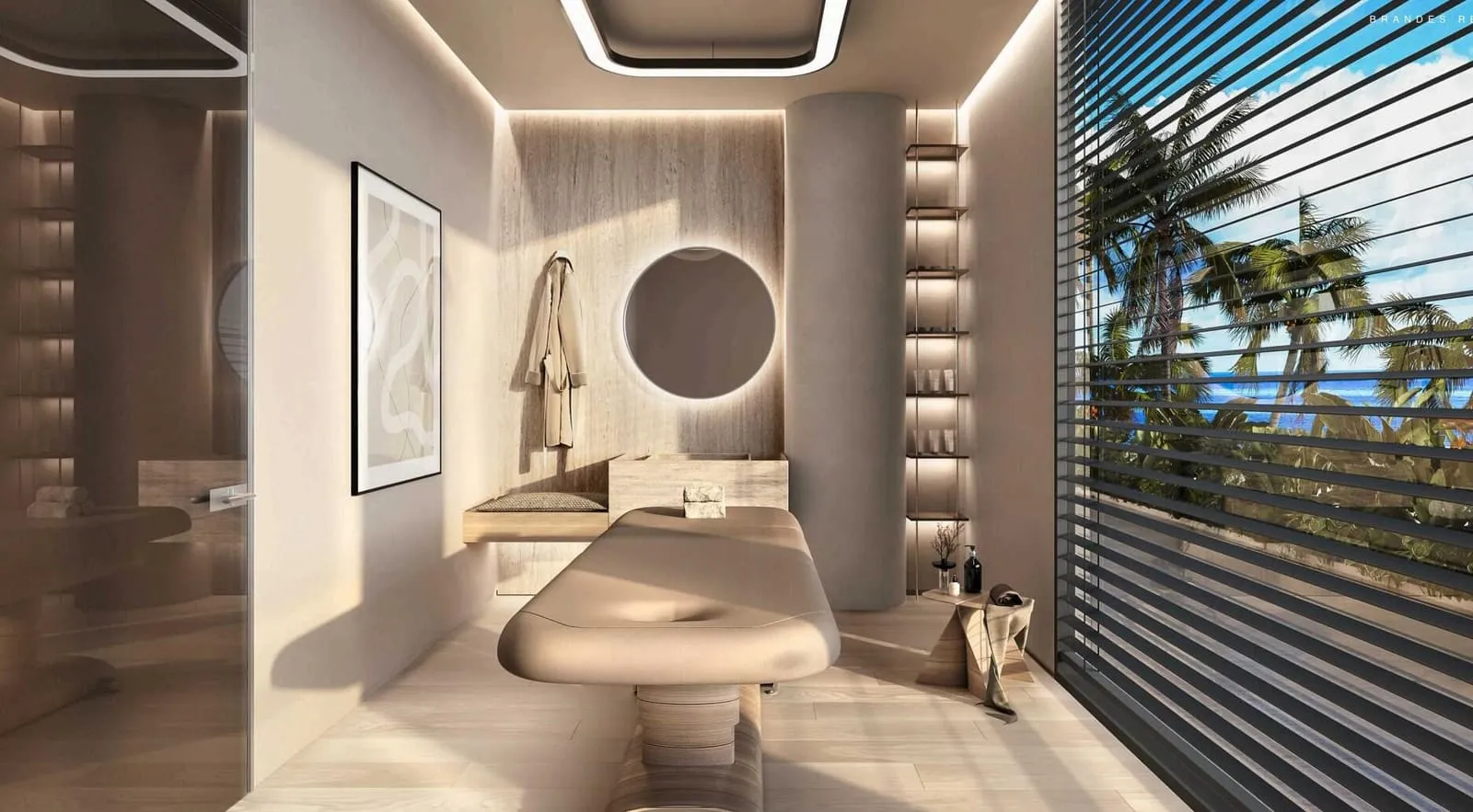 A spa washroom with a round backlit mirror above a sculpted vanity, louvres screening the daylight