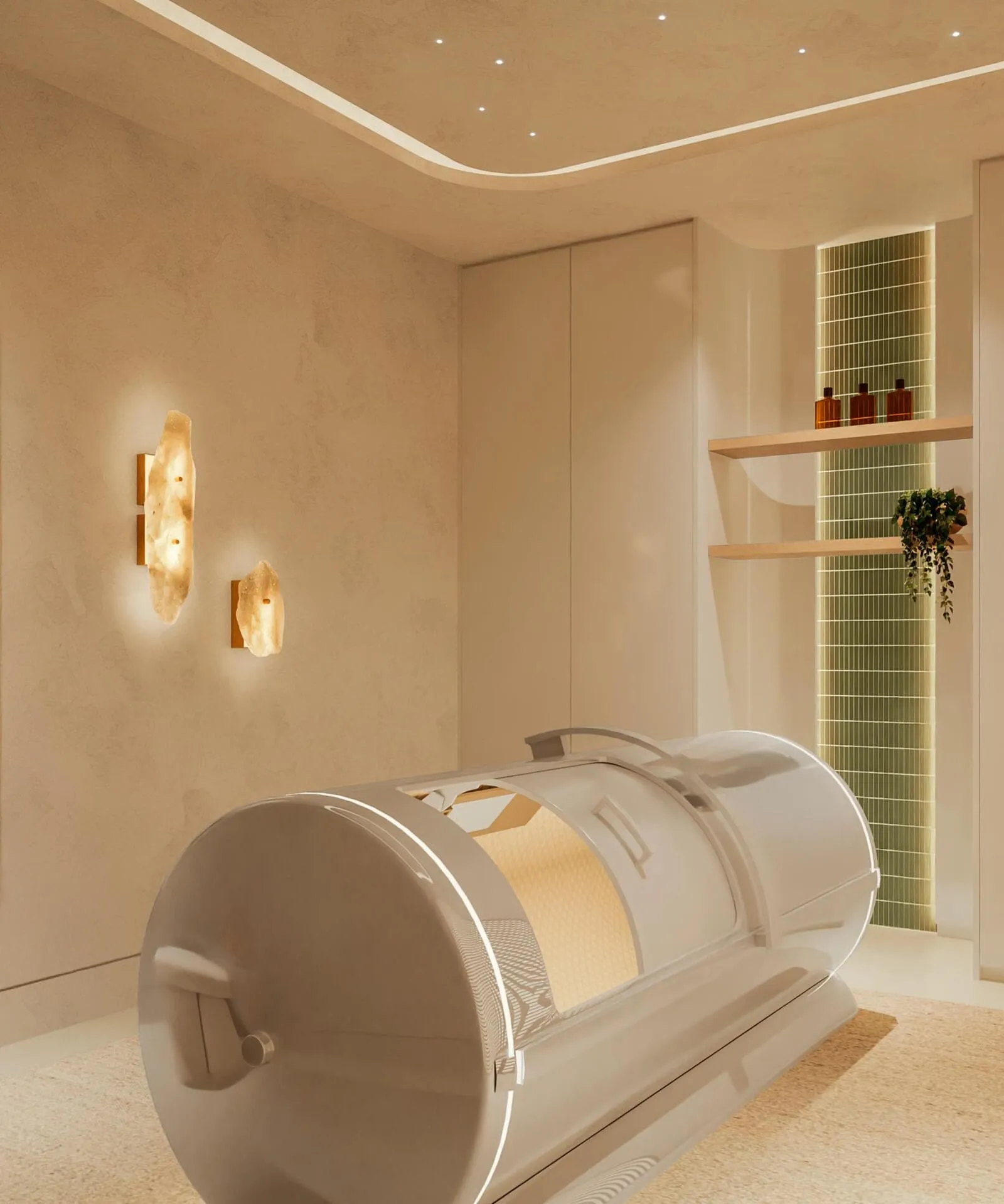 A spa room with a wellness capsule set beneath wall lights and shelves of treatment products