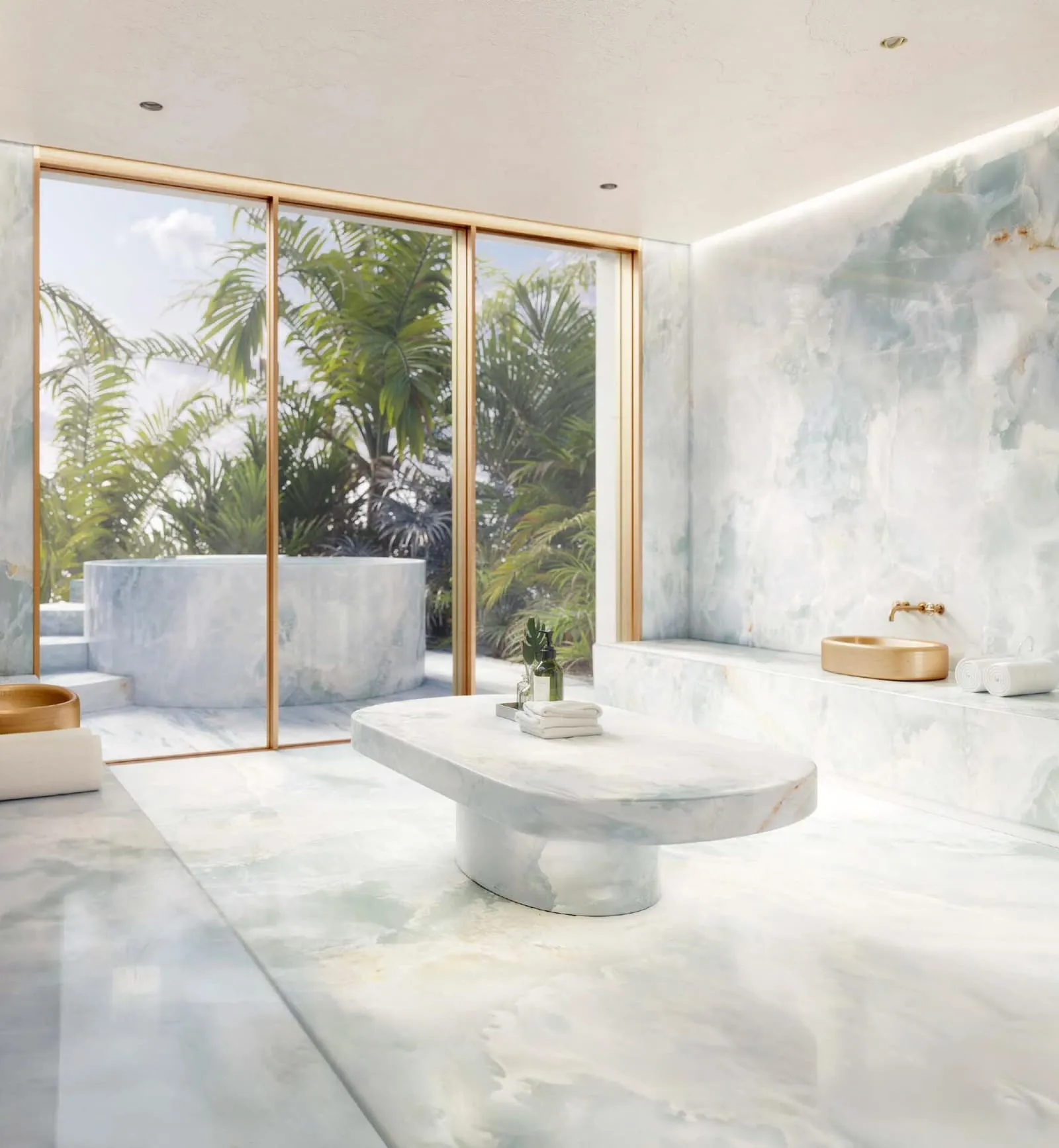 A spa room lined in pale onyx, a stone plunge tub outside the glass and a low treatment table at its centre