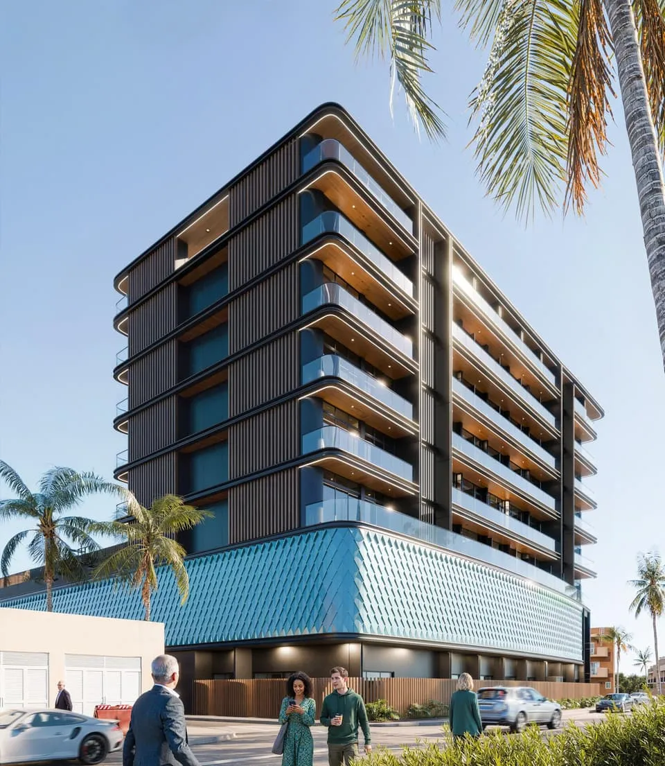 Street-level view of Opal by Crystal with palm-lined walkways and residents strolling past.