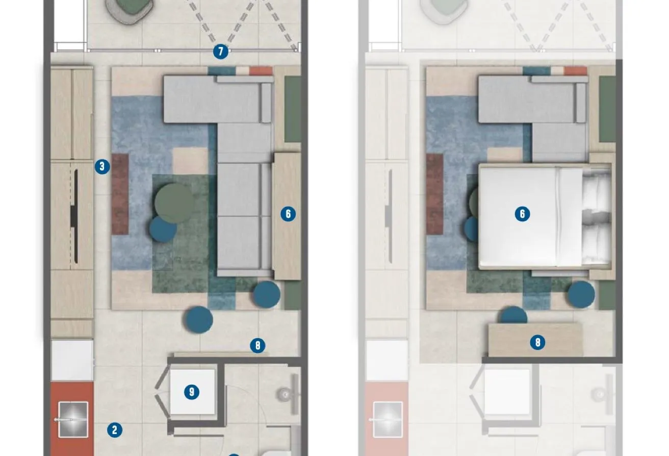 Floor plan of the studio drawn twice, once furnished with a sofa and once with a bed