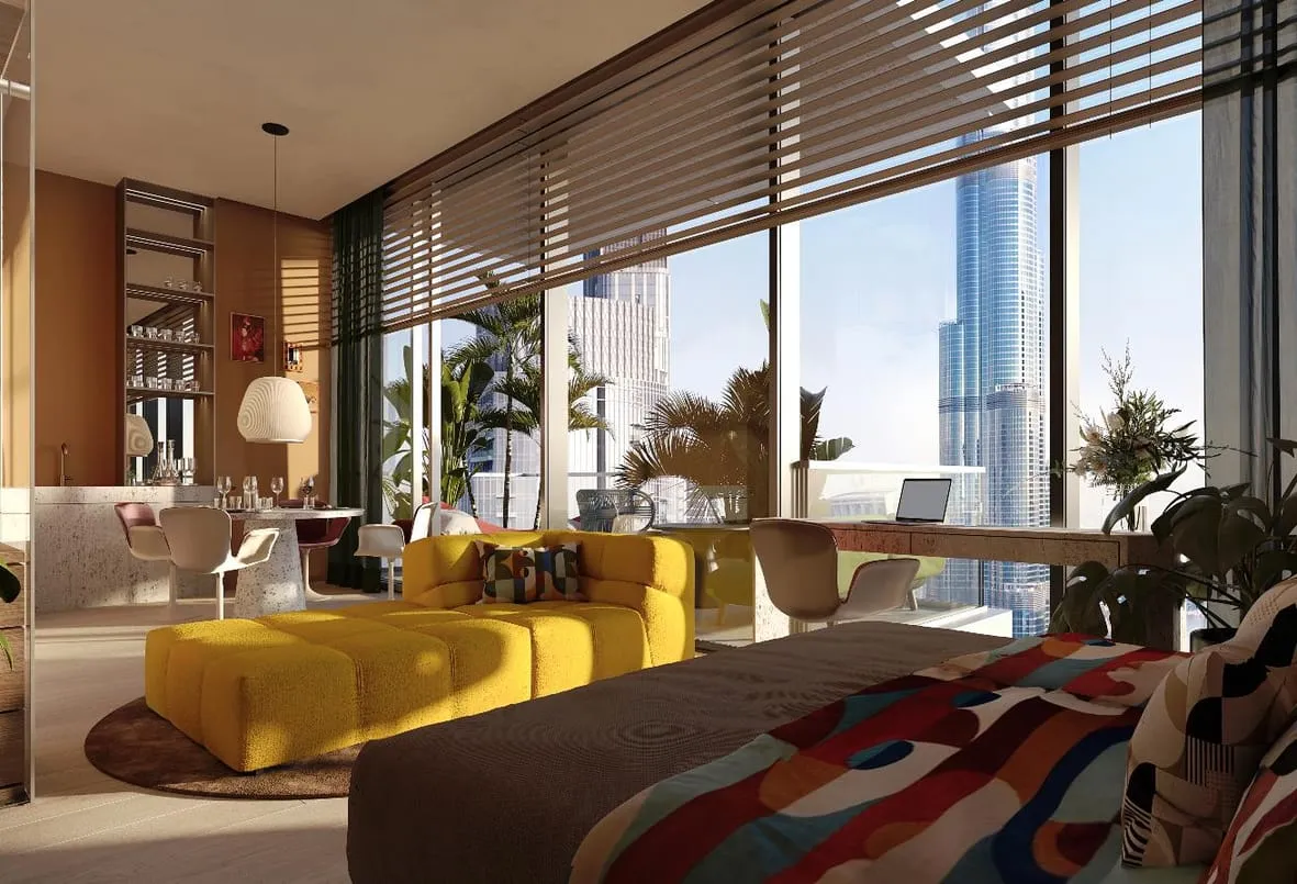 Render of a studio with a yellow sofa, a bed and a desk by the window