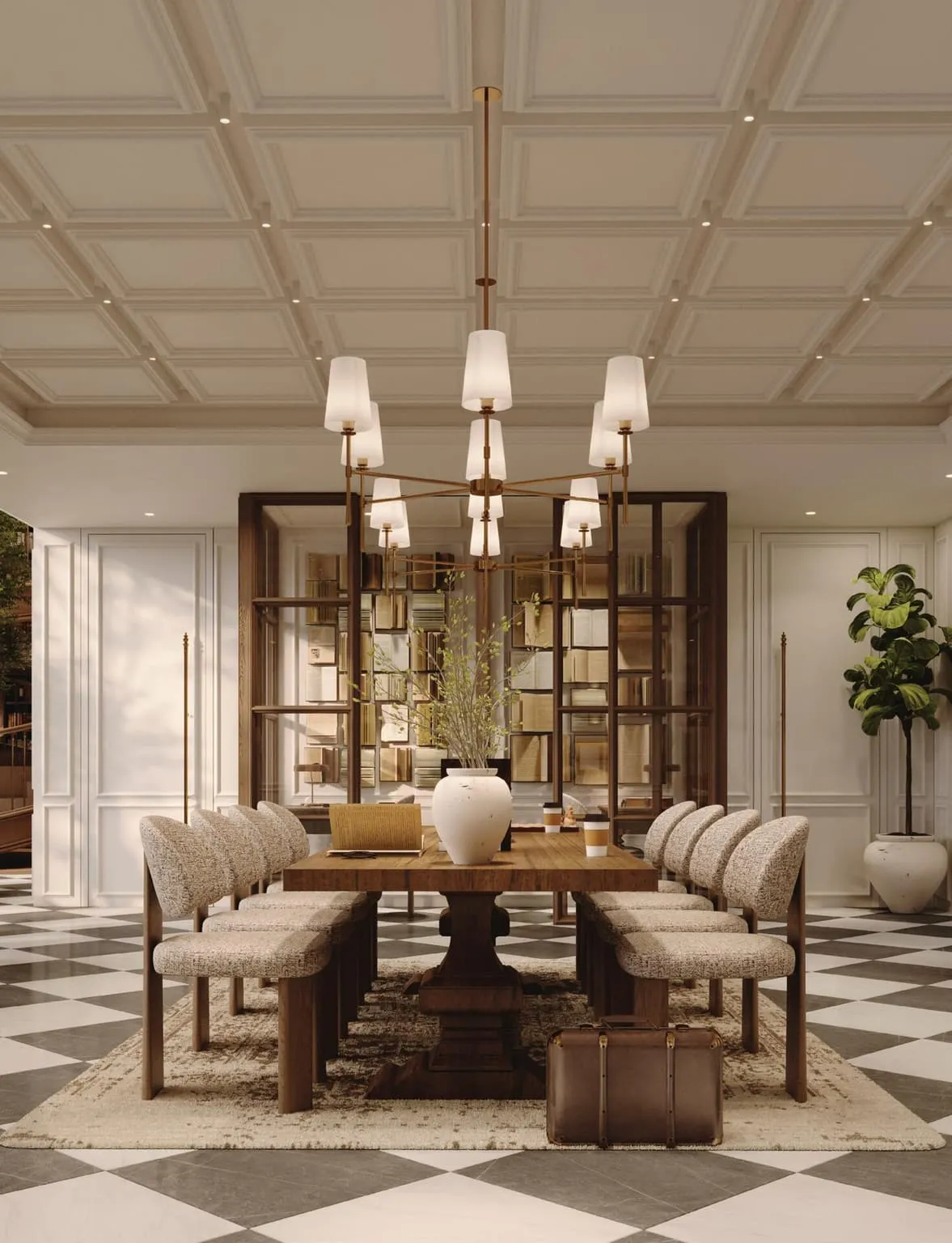 A long study table under a chandelier, a coffered ceiling above and a chequered stone floor