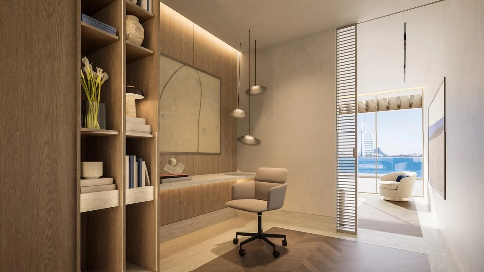 A study with shelving to the ceiling and a desk turned to the window