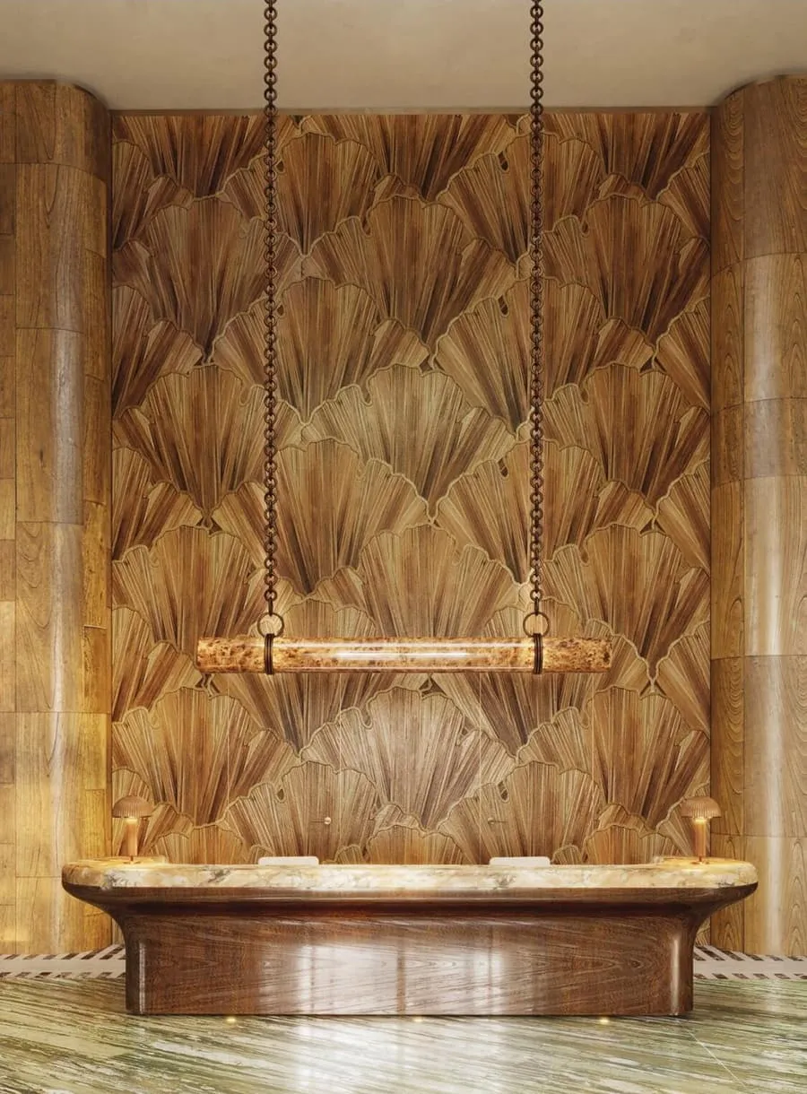 A hanging swing seat in front of a fanned timber wall, a stone bench running along the floor below