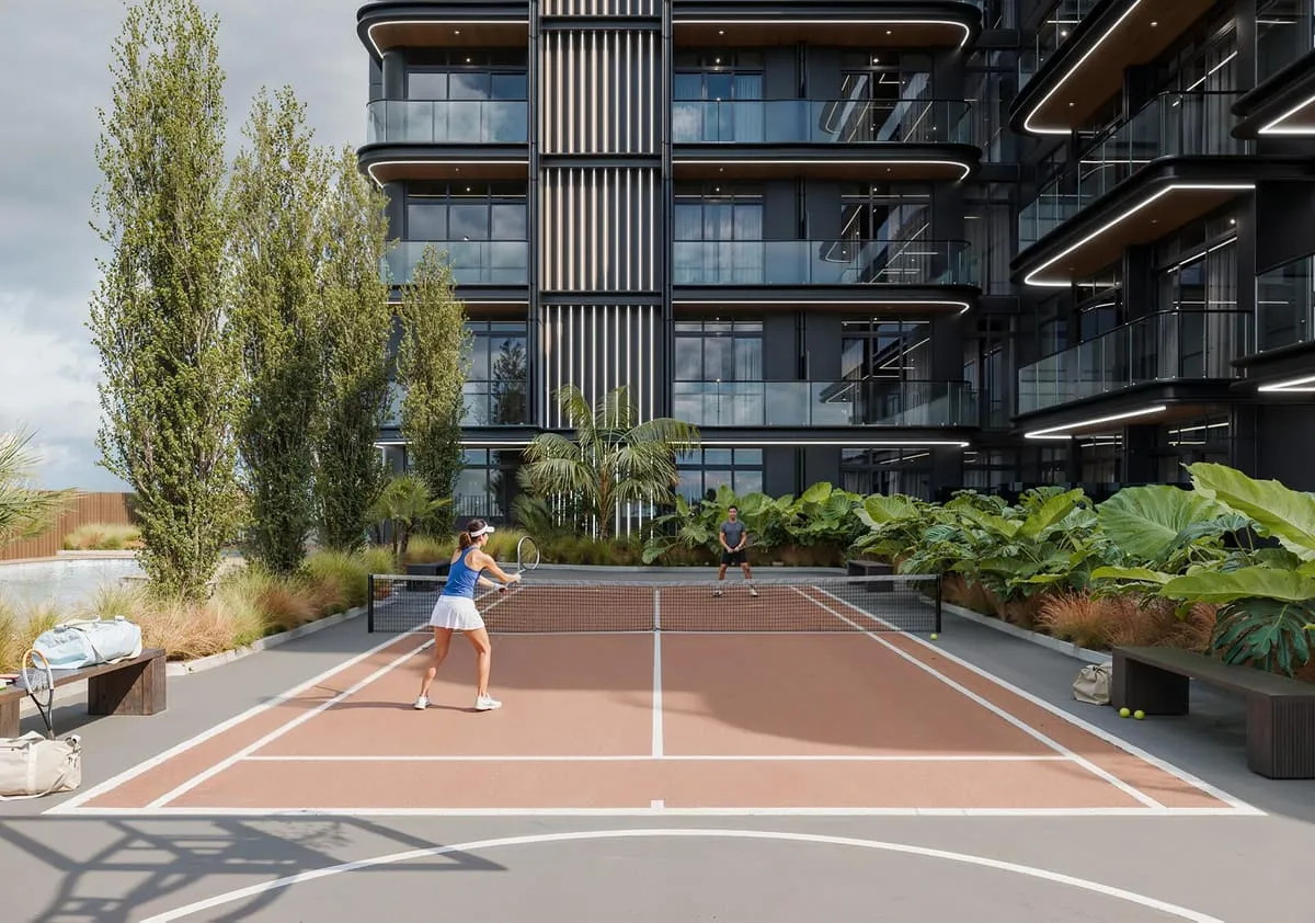 A tennis court amenity set against the building's landscaped grounds.
