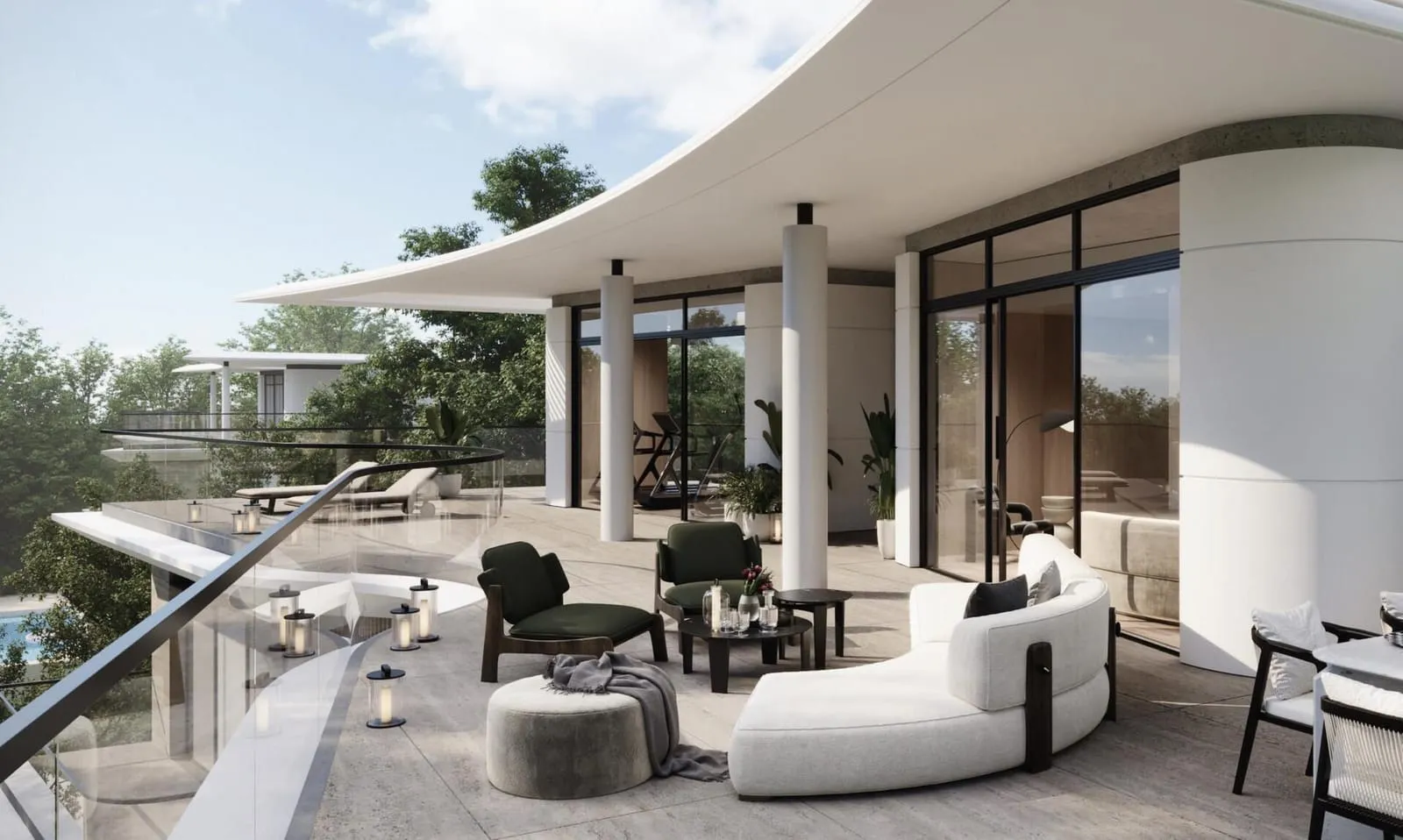 Outdoor seating under the curved canopy of a Karl Lagerfeld terrace