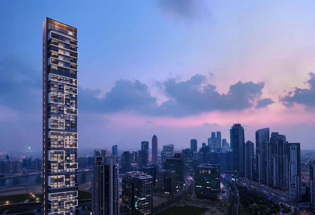 Render of the 25hours Heimat tower at dusk, rising above the Downtown Dubai skyline