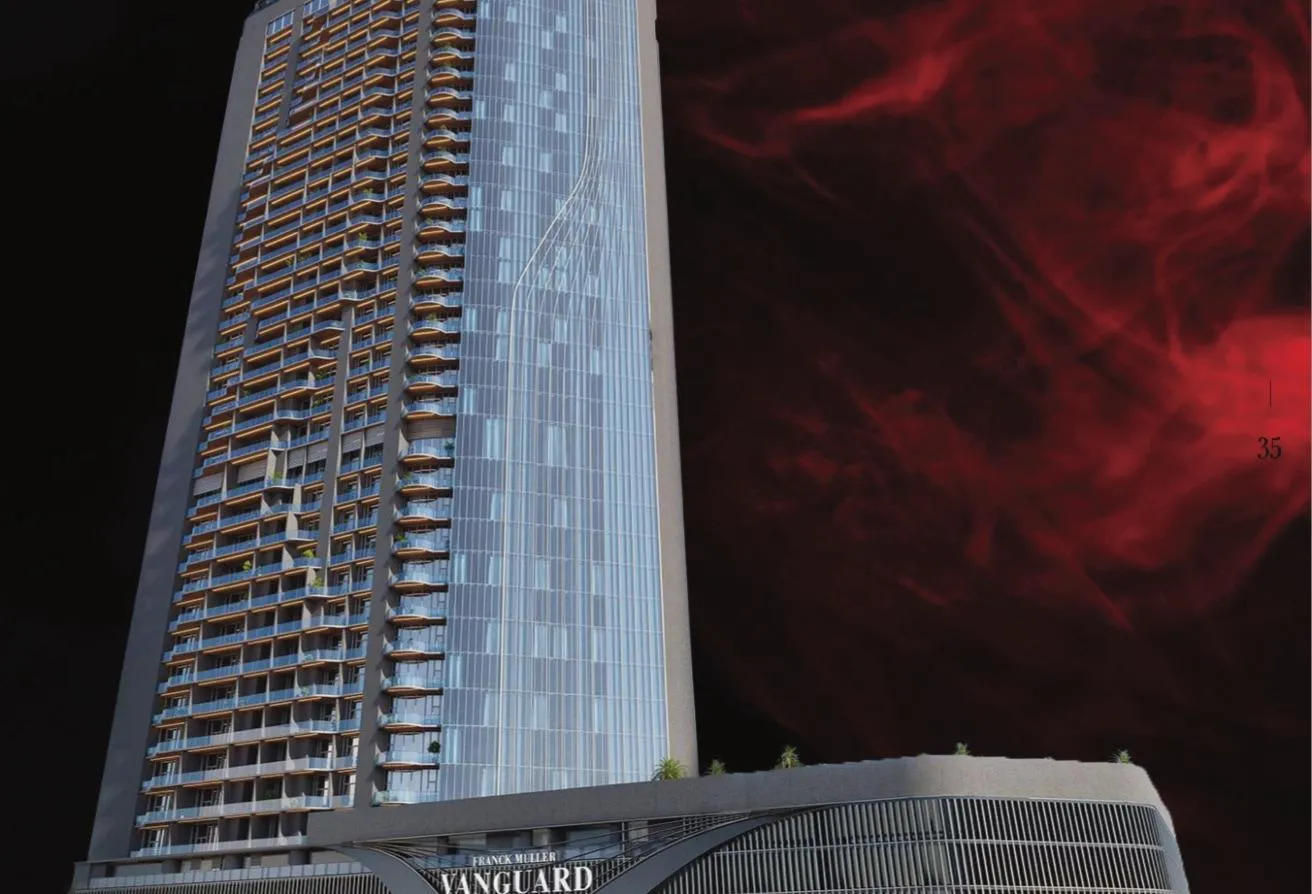 Render of the Franck Muller Vanguard tower in Dubai Marina, its full height against a dark sky
